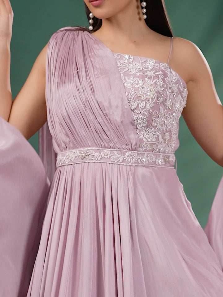 One-Shoulder Embellished Gown with Floral Embroidery and Flowy Draped Detail