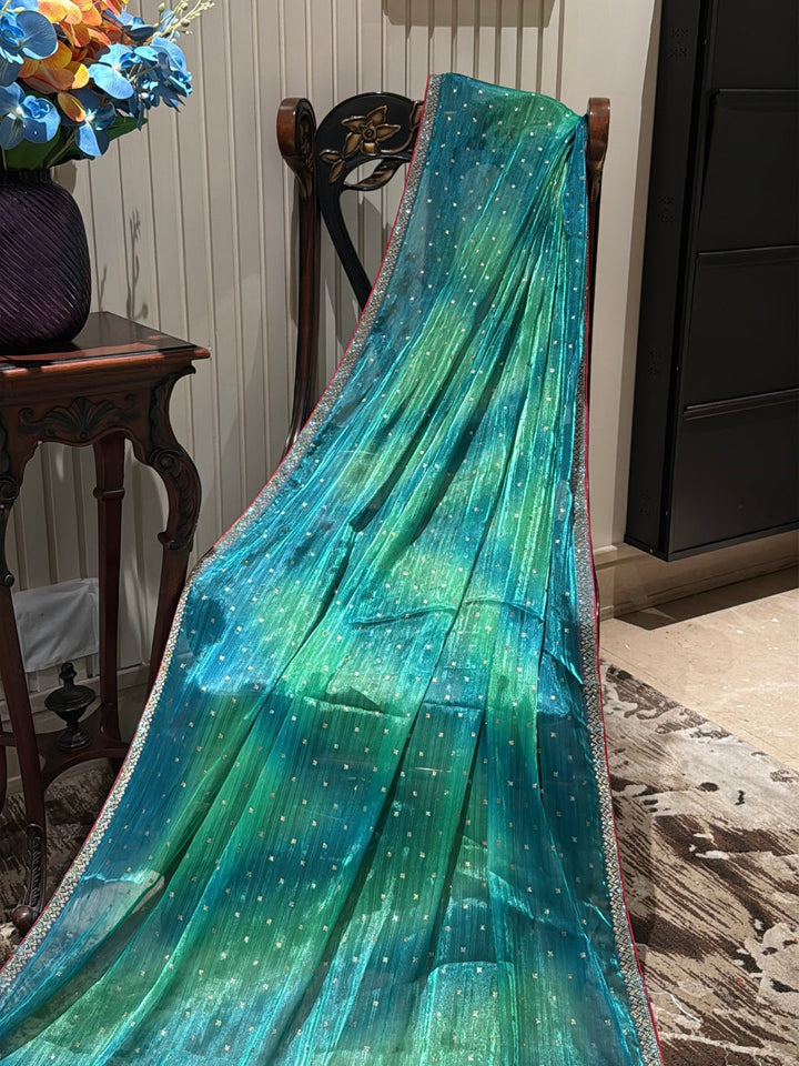Ombre Shimmer Saree with Silver Sequin Buttas & Dual-Tone Woven Border