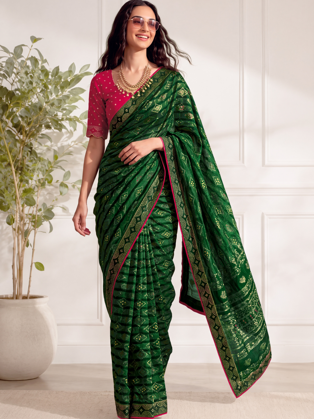 Green Bandhani Printed Saree with Contrast Pink Border
