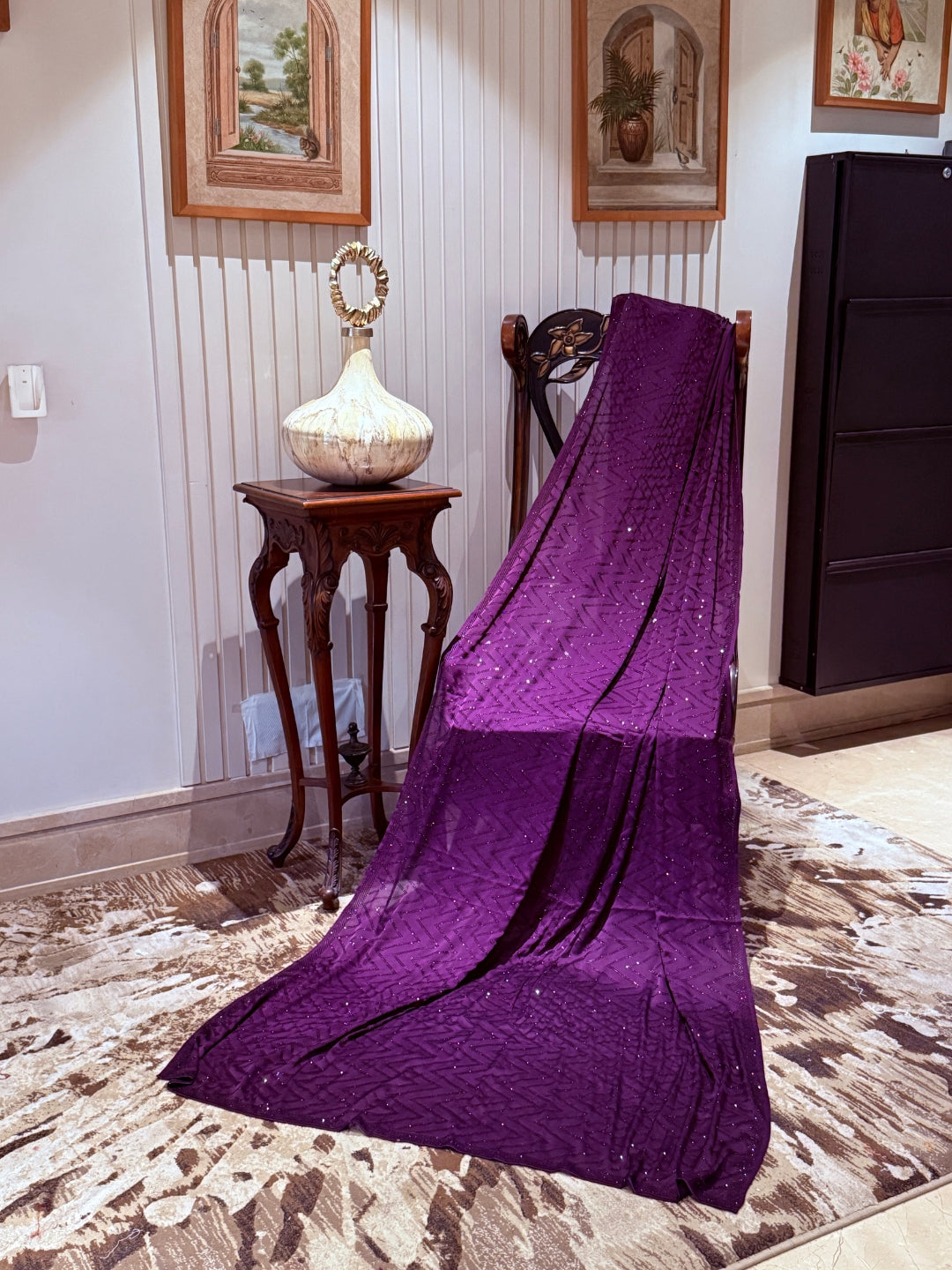 Georgette Saree with All-Over Zigzag Sequin Work & Matching Sequin Border