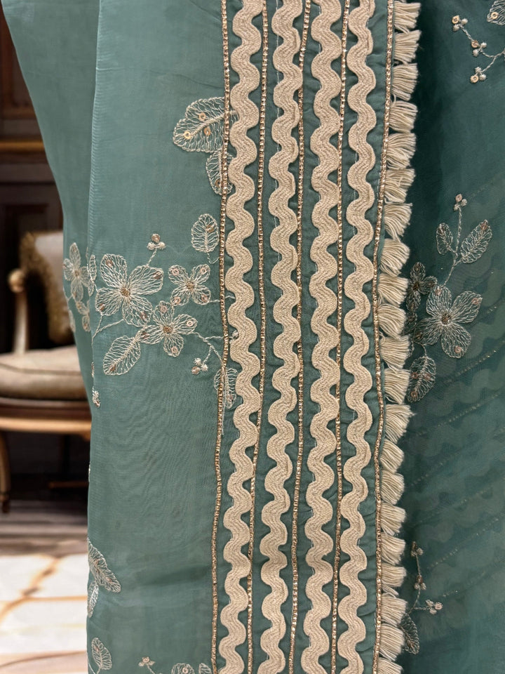 Silk-blend embroidered kurta set with mirror-work yoke & scallop lace dupatta.