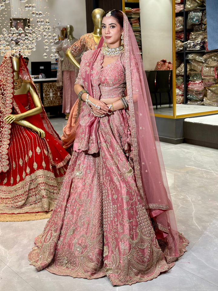 ilk Heavy Zari & Sequin Embroidered Paisley & Floral Jaal Lehenga Choli with Net Dupatta in Dusty Pink