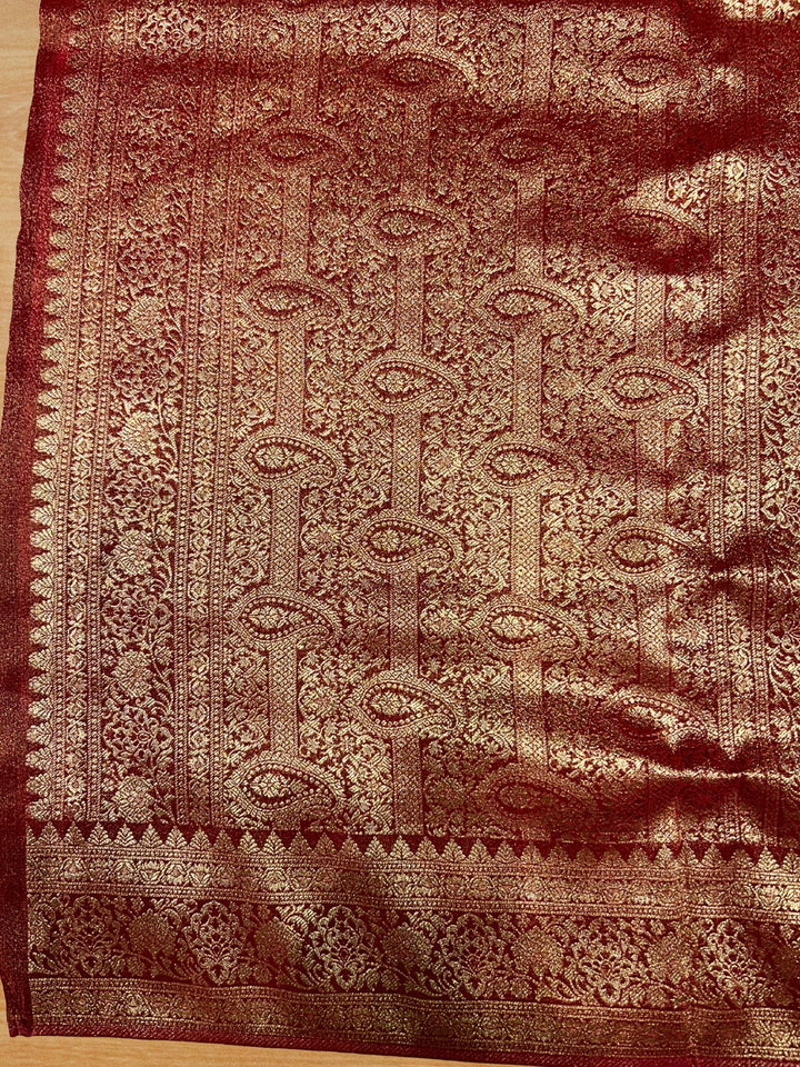 Mustard Yellow Banarasi Meenakari Saree with Floral Jaal & Red Zari Brocade Pallu