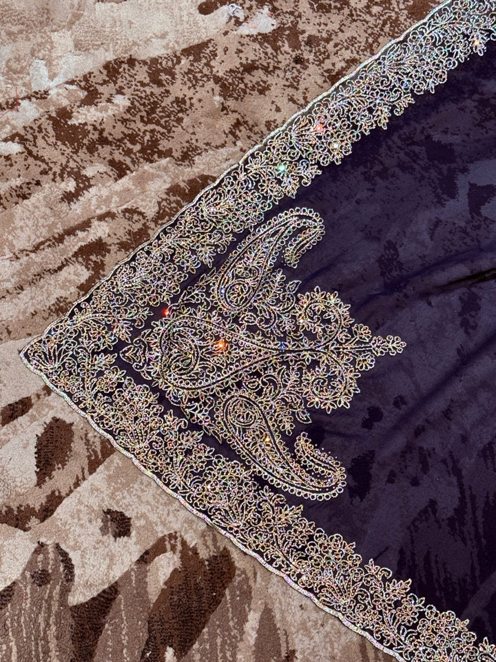 Navy Blue Georgette Saree with Silver Pastel Sequin Floral Embroidered Broad Border