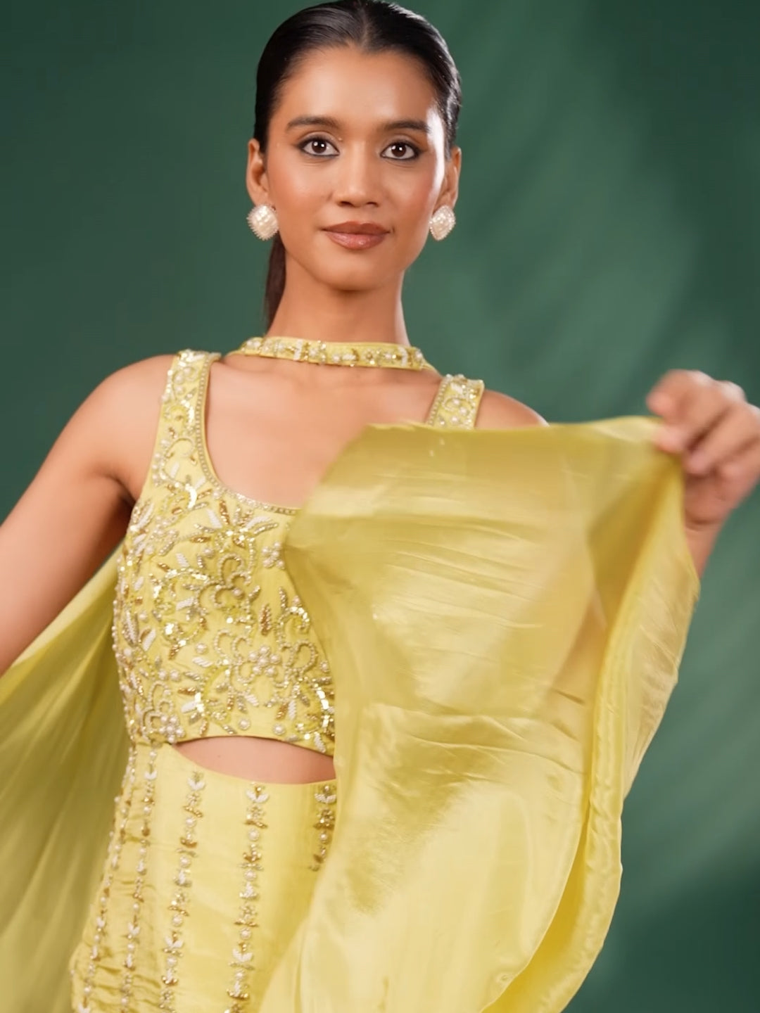 Beads & Stone Work and Embroidered Crop Top Set with Flared Embellished Palazzo and Dupatta