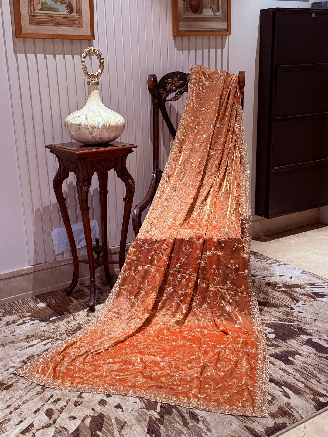 Net Saree with Hand-Embroidered Floral Sequin Vine & Scalloped Embellished Border