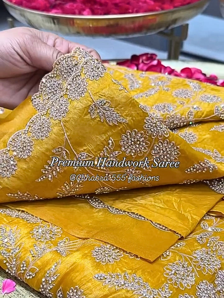 Mustard Yellow Floral Zari Embroidery & Stones Embellishment Saree with Scalloped Border