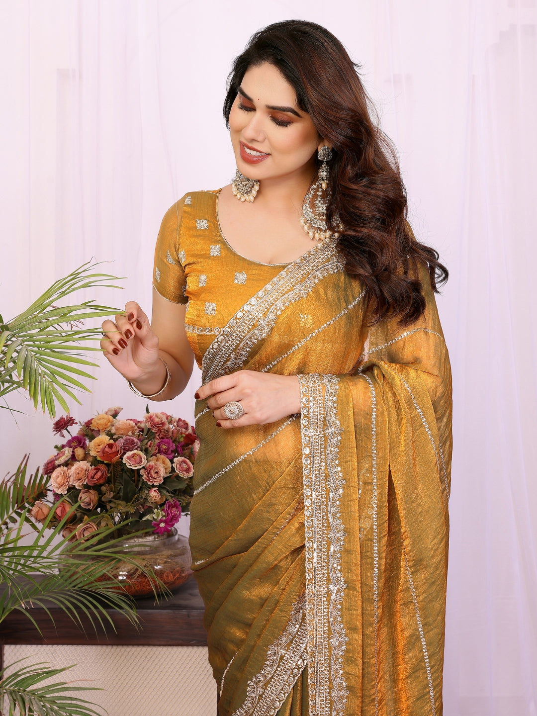 Shimmer Saree with Diagonal Sequin Lines & Heavy Stone Embroidered Border