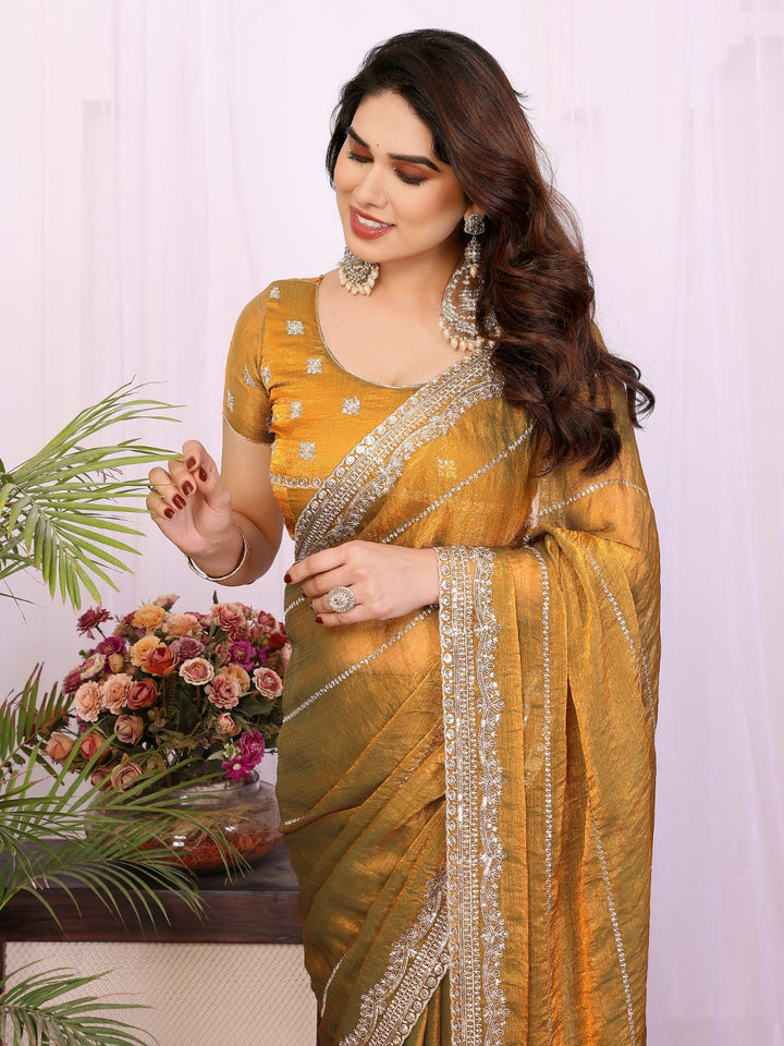 Shimmer Saree with Diagonal Sequin Lines & Heavy Stone Embroidered Border