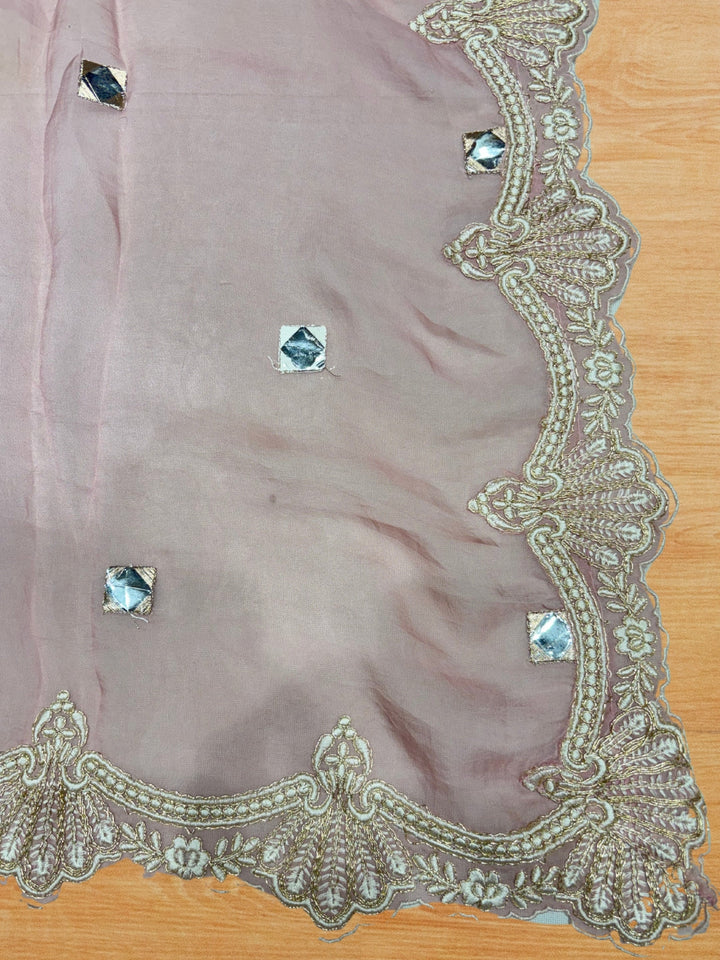 Mirror-work embroidered kurta set with scalloped dupatta and straight pants.