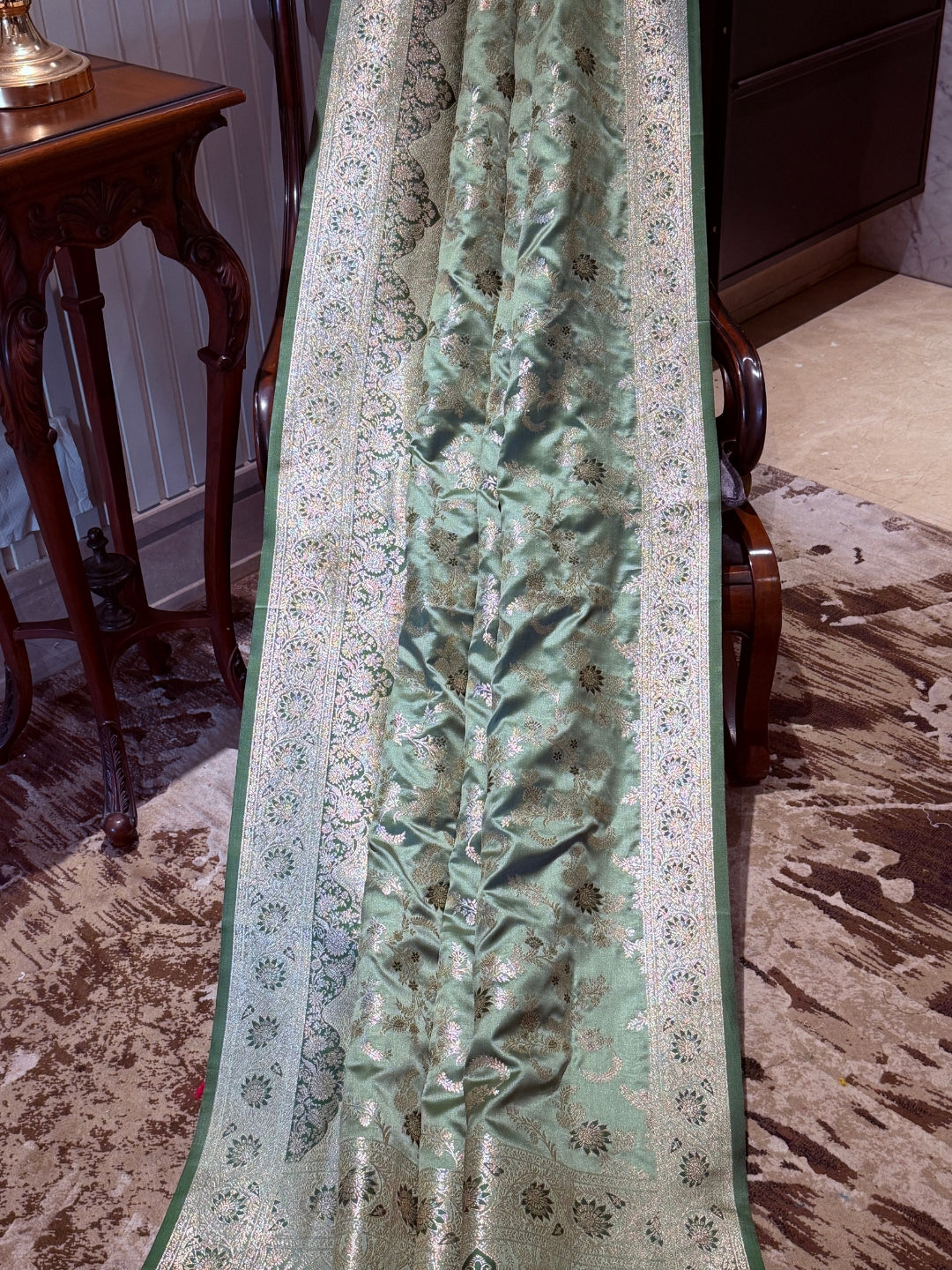 Sage Green Banarasi Art Silk Saree with Antique Gold Zari Floral Motifs & Brocade Border