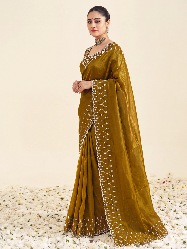 Sequin Embroidered Scalloped Border Saree with Embroidered Blouse
