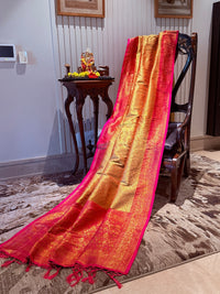 Golden Pink Zari Woven Banarasi Saree with Polka Dot Body & Floral Brocade Border