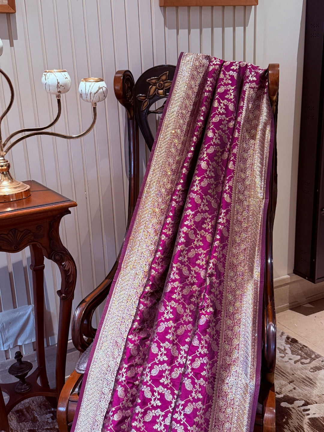 Banarasi Art Silk Saree with Antique Gold Floral Jali & Wide Brocade Border