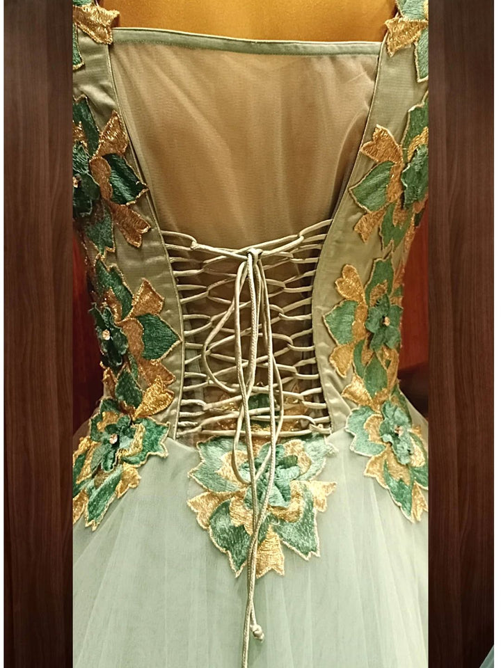Green Net Flared Barbie Style Gown with Floral Resham Embroidery