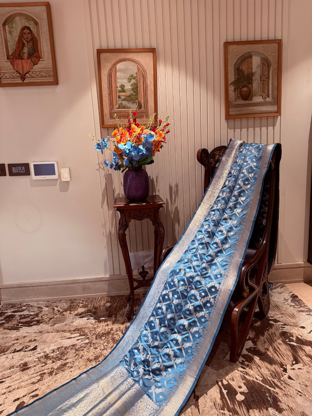 Banarasi Art Silk Saree with Silver Geometric Jaal & Rich Brocade Border