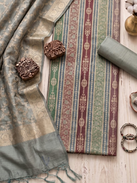 Banarasi Silk Unstitched Suit Set with Zari Border Dupatta in Pastel Multicolour