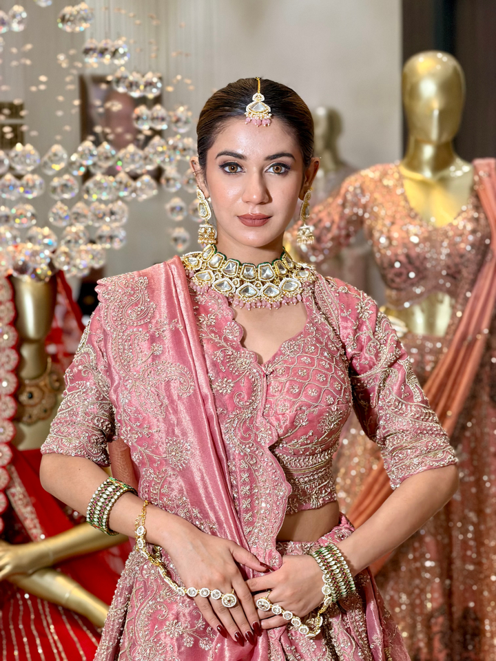 ilk Heavy Zari & Sequin Embroidered Paisley & Floral Jaal Lehenga Choli with Net Dupatta in Dusty Pink