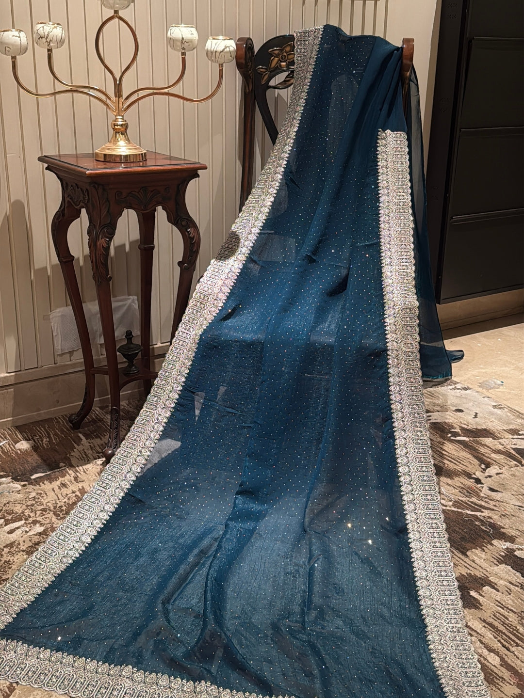 Teal Blue Shimmer Saree with All-Over Silver Sequin Scatter & Intricate Embroidered Border