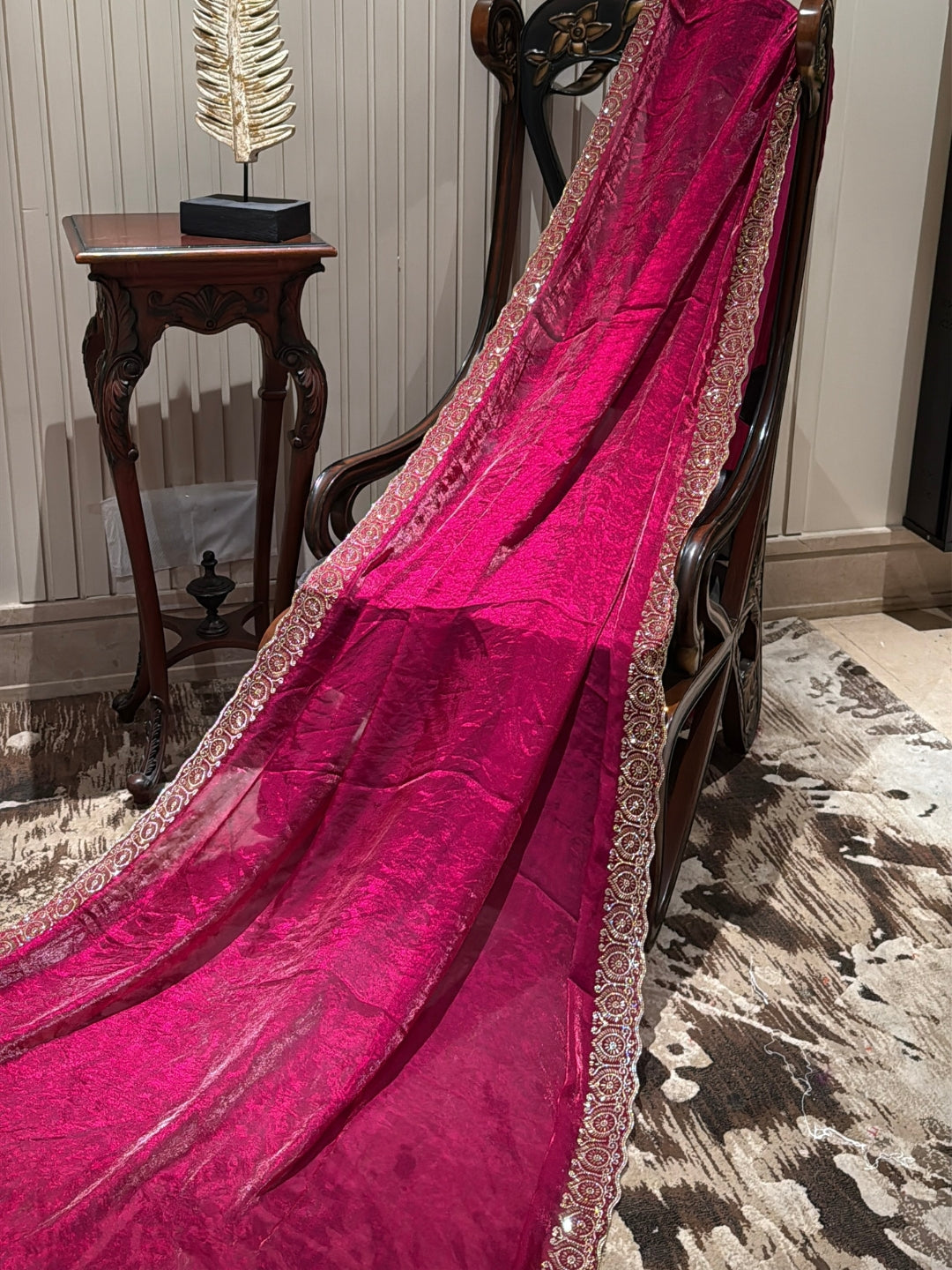 Magenta Shimmer Tissue Saree with Heavy Gold Sequin Circular Embroidered Scallop Border