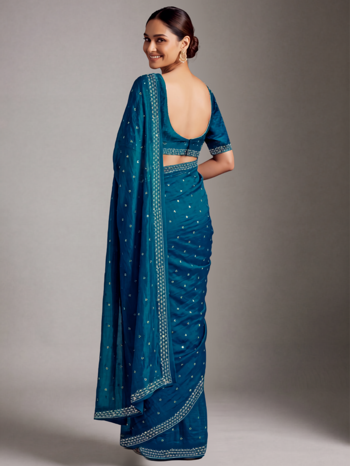 Sequin Embellished Saree with Floral Border and Embroidered Blouse Peice