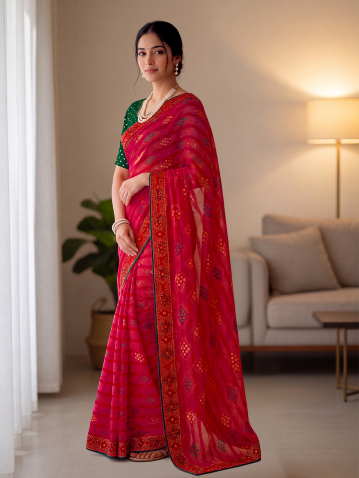 Bandhani Printed Saree with Contrast Pink Border
