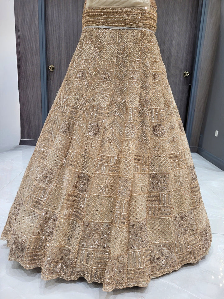 Beige Sequins Embroidered Net Lehenga with Unstitched Blouse & Dupatta