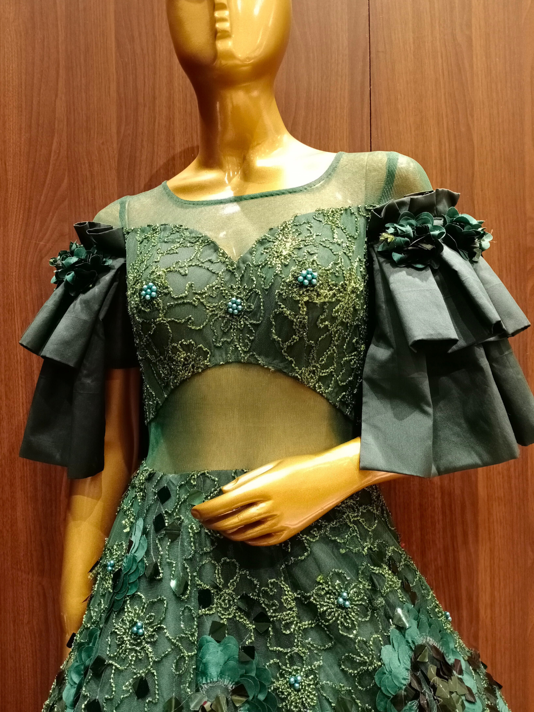 Green Cocktail Flared Sequence Gown with Stylised Ruffled Sleeves