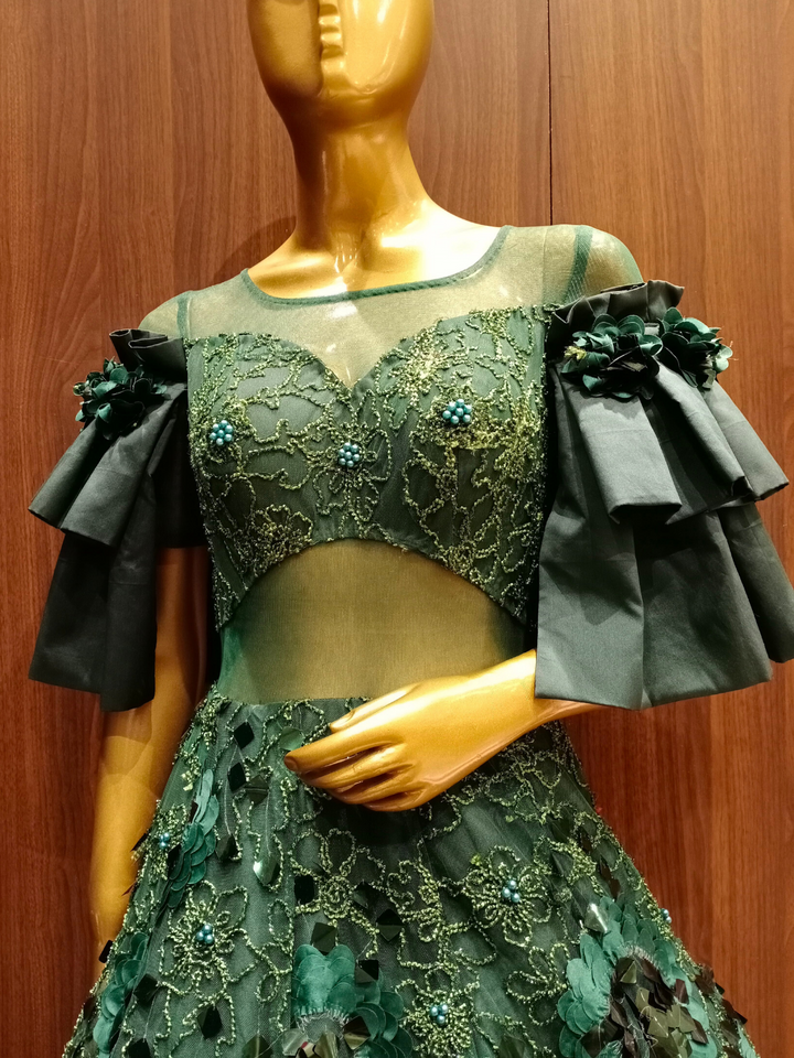 Green Cocktail Flared Sequence Gown with Stylised Ruffled Sleeves