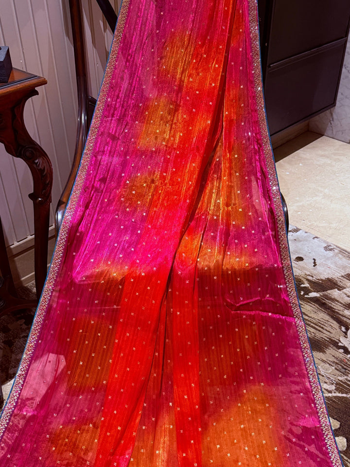 Ombre Saree with All-over Foil Mirror Work & Slim Gota Patti Embellished Border