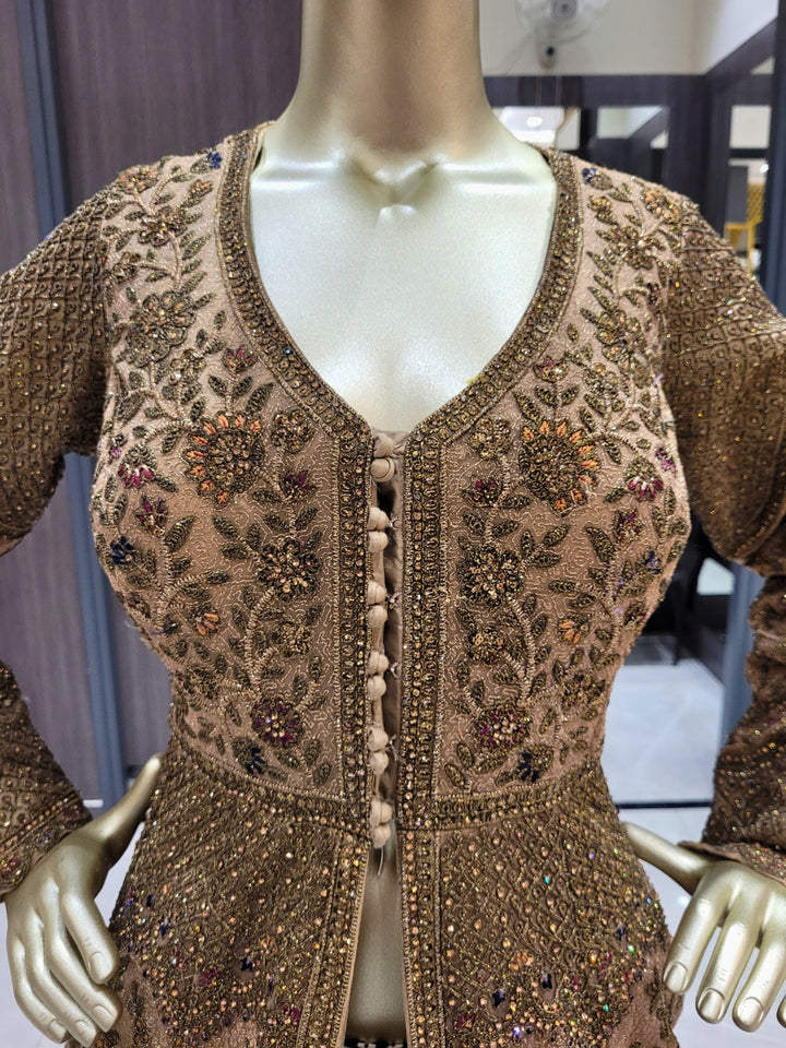 Antique Gold Zardozi Embroidered Long Jacket Gown with Intricate Detailing