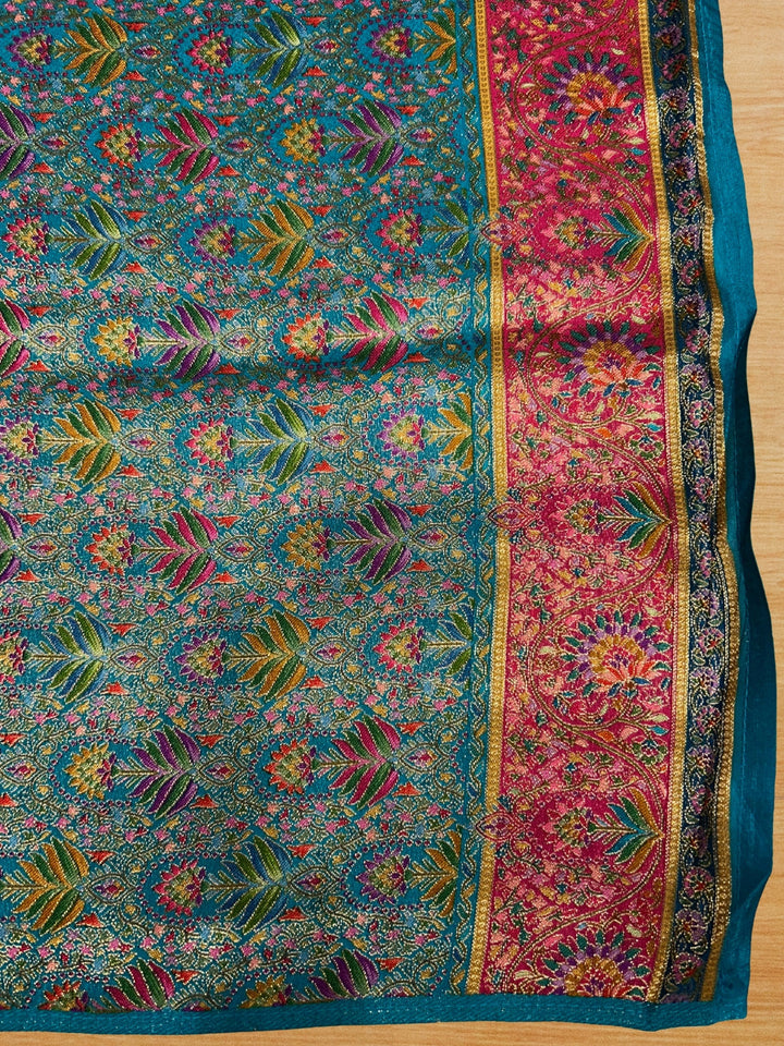 Pista Green Banarasi Meenakari Silk Saree with Floral Jaal & Teal Paisley Pallu