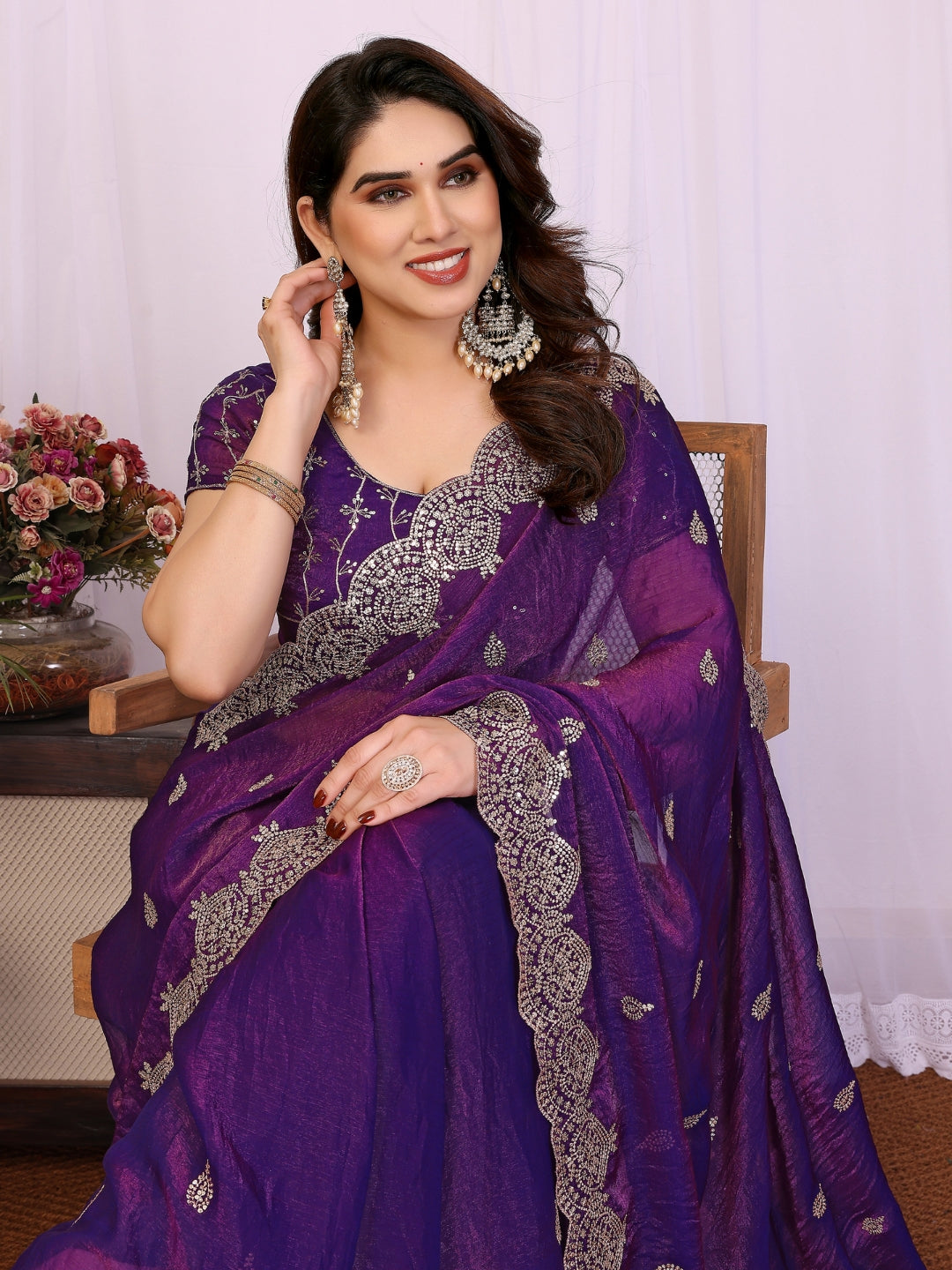 Shimmer Saree with Antique Gold Embroidered Butis & Heavy Scalloped Border