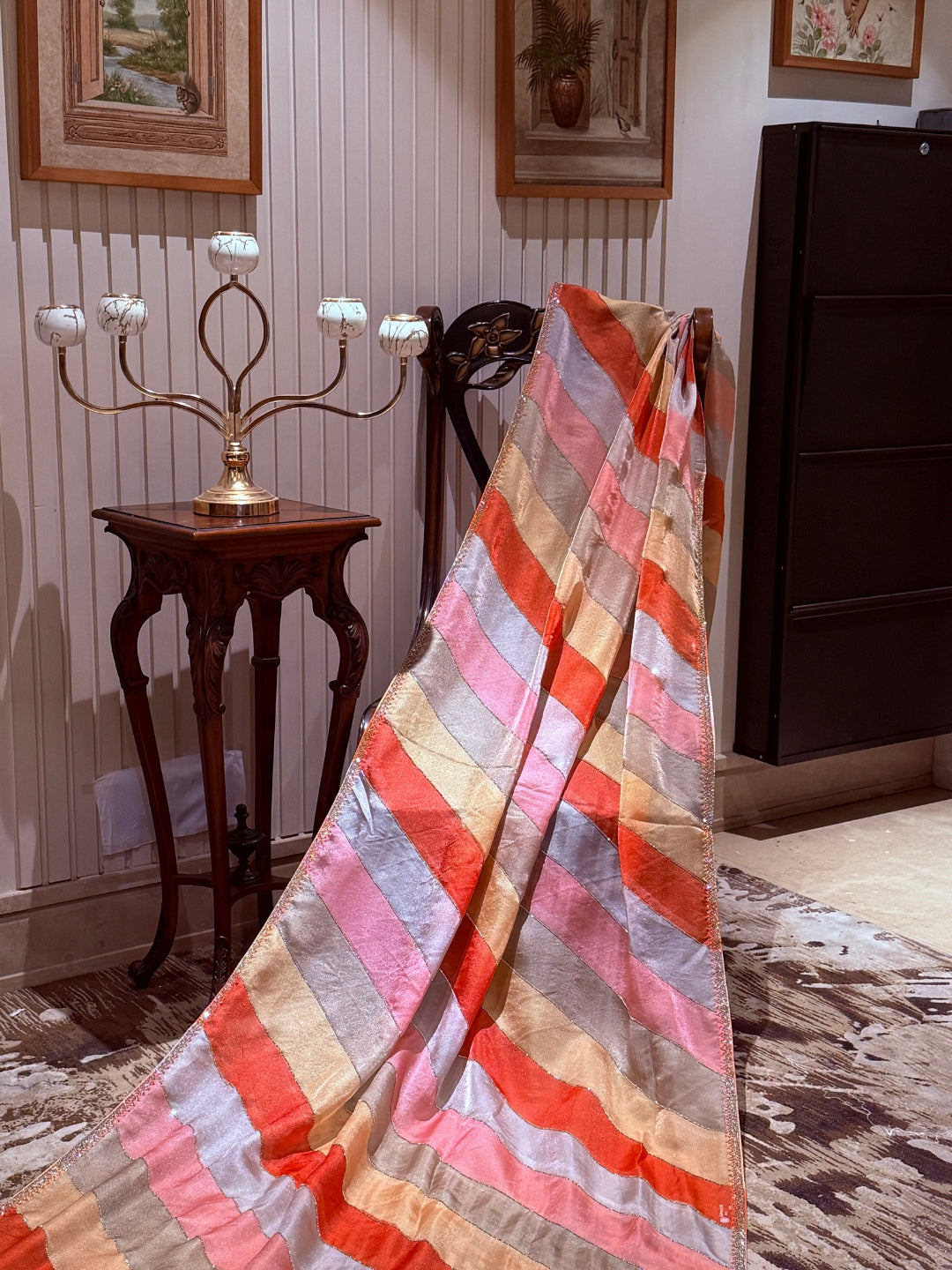 Multicolor Satin Organza Saree with Diagonal Stripes & Subtle Gold Zari Edge