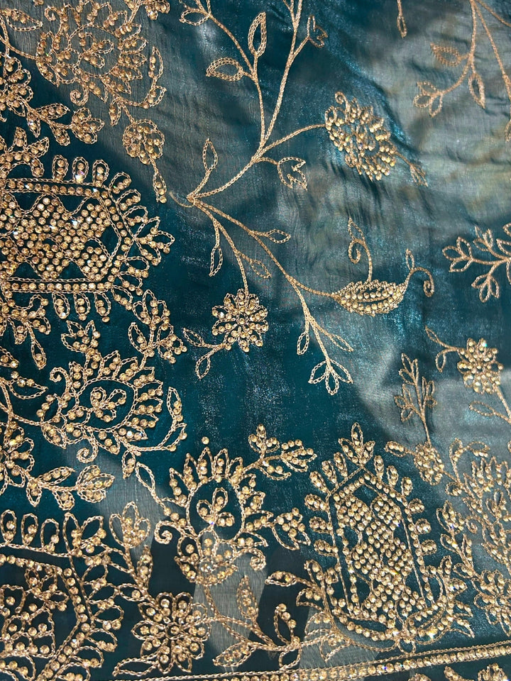 Teal Saree with Antique Gold Zardozi, Sequin, Heavy Embroidered Border & Butis with Blouse Piece