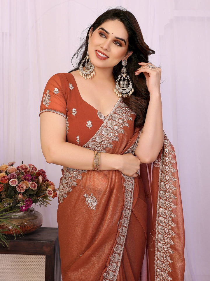 Burnt Copper Shimmer Saree with Silver Thread Embroidered Butis & Scalloped Border