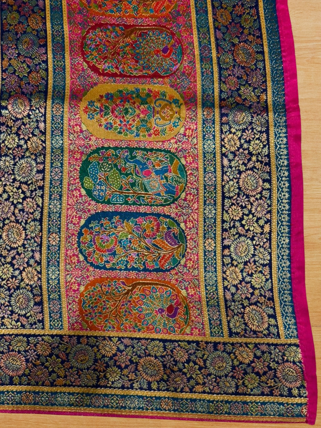 Banarasi Silk Saree with Meenakari Peacock & Floral Paneled Border