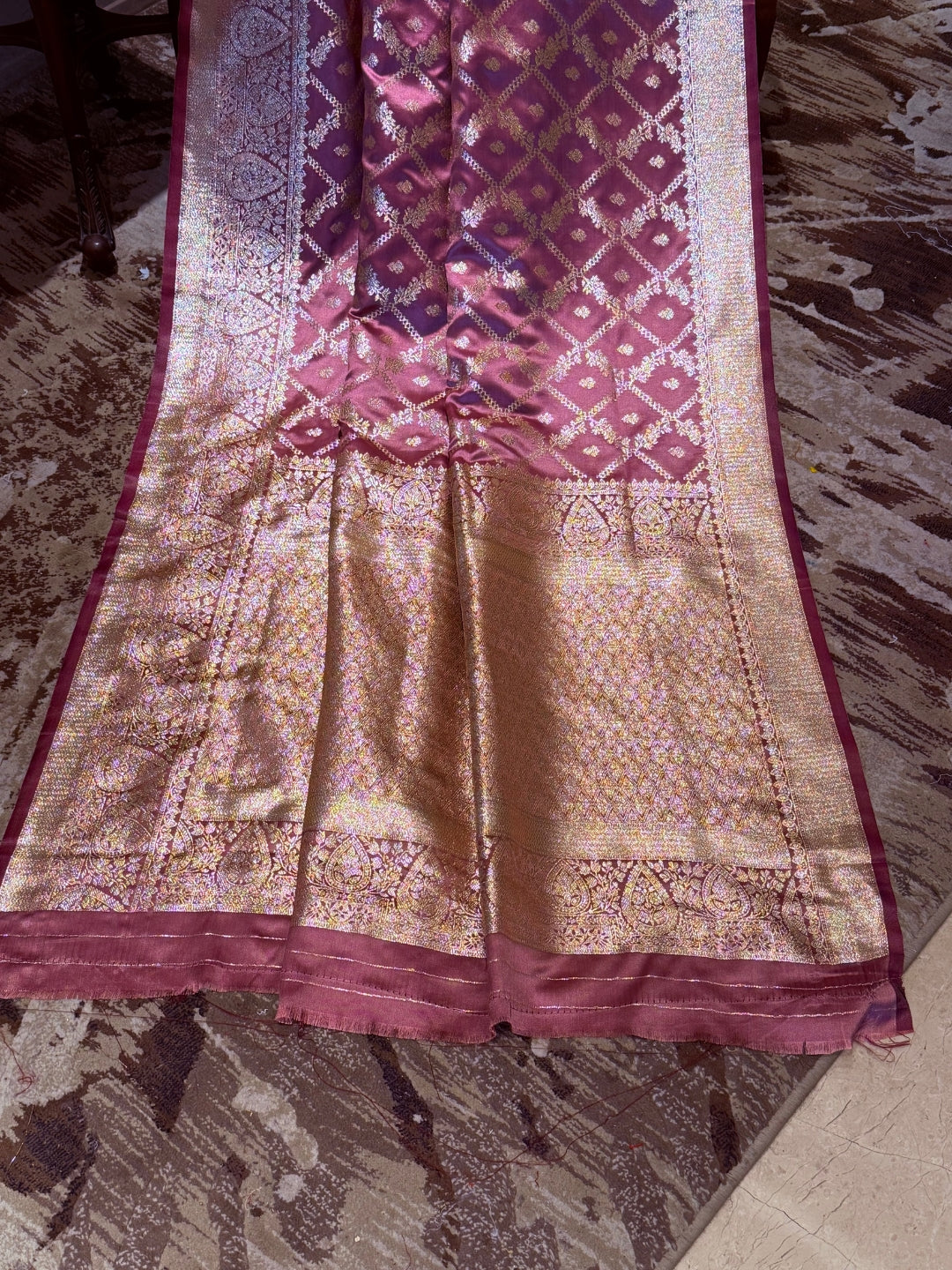 Magenta Pink Zari Woven Saree with Gold Floral Diamond Check & Banarasi Brocade Border