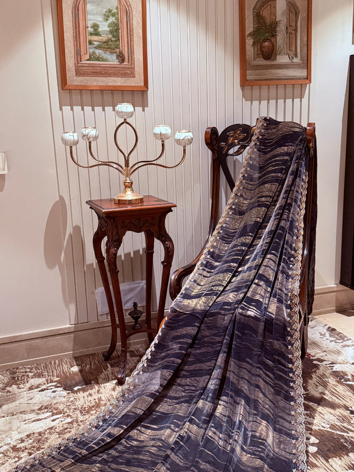Black Saree with Gold Shimmer Wavy Stripes & Pastel Embroidered Floral Sequin Border