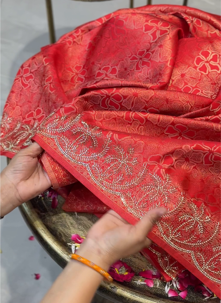 Banarasi Silk Zari Woven Floral Jaal Saree with Cutdana & Sequin Embroidered