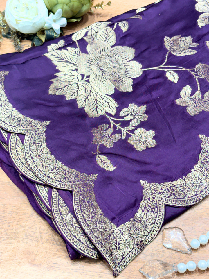 Purple Silk Golden Zari Woven Floral Saree with Scalloped Border