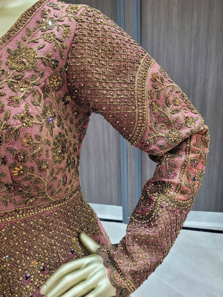 Rosewood Pink Embroidered Anarkali Gown with Heavy Zari Work & Dupatta