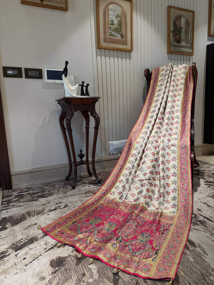 Ivory & Pink Banarasi Silk Saree with Meenakari Floral Jaal Weaving & Heavy Zari Paisley Border with Sequin Work