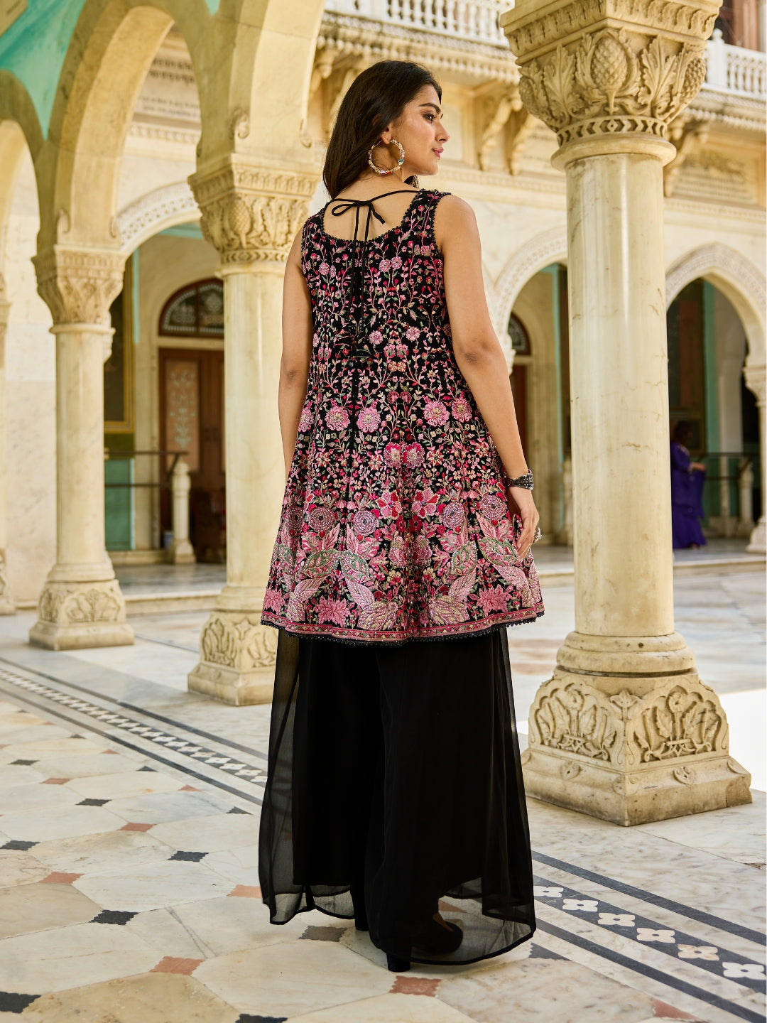 Black Zari & Resham Work Embroidered Sleeveless Kurta Set with Palazzo