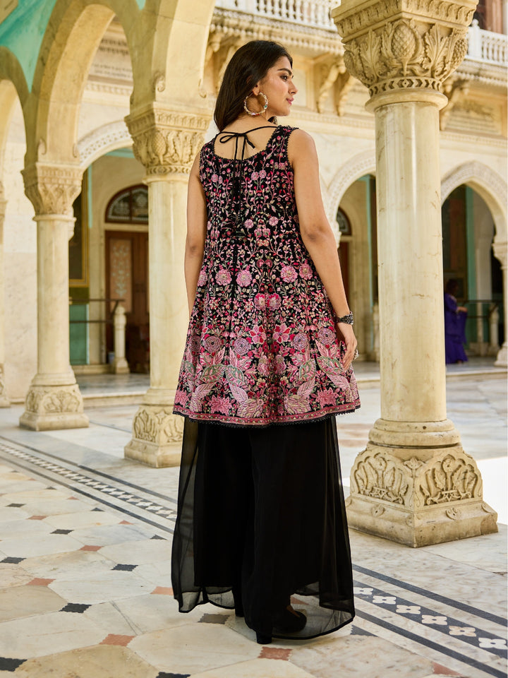 Black Zari & Resham Work Embroidered Sleeveless Kurta Set with Palazzo