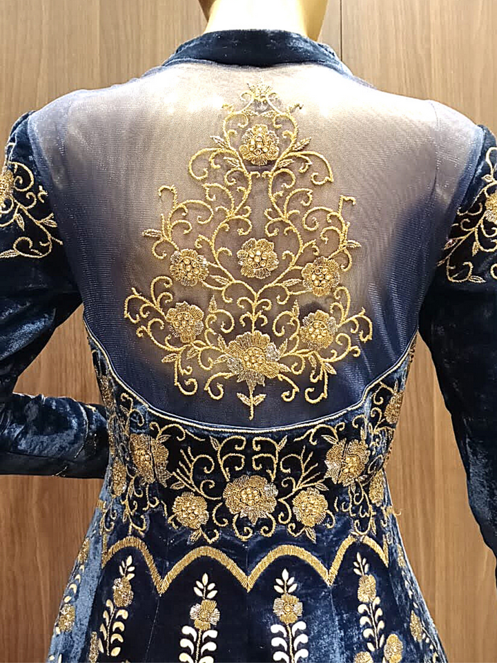 Deep Blue Velvet Anarkali with Gold Zari Hand Embroidery and Kundan Work