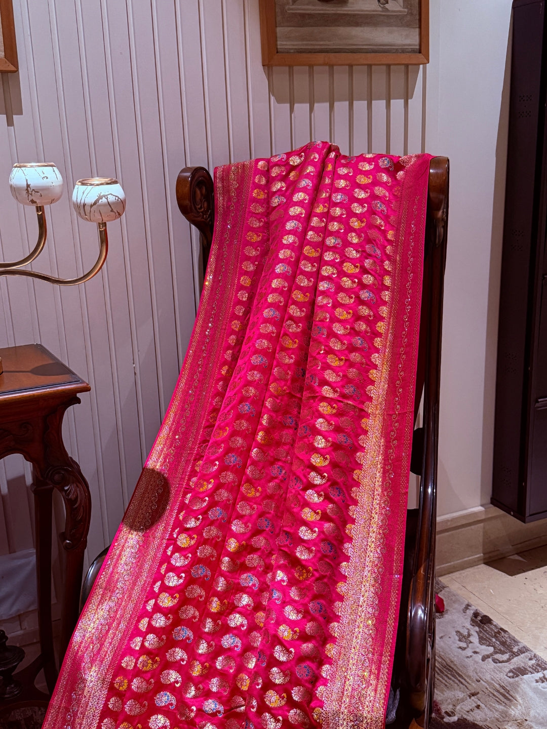 Pink Banarasi Saree with All-over Gold Zari Buta and Dual-Tone Geometric Woven Border