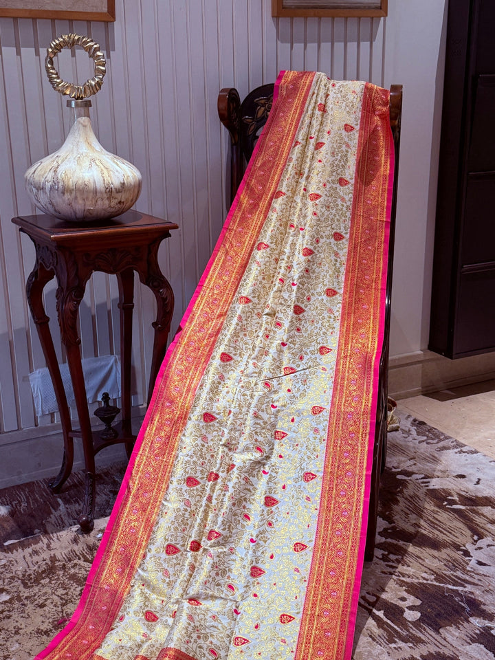 Banarasi Art Silk Saree with Gold-Pink Floral Jaal & Brocade Contrast Border