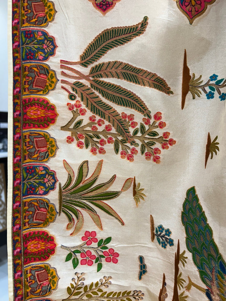 Ivory Banarasi Silk Saree with Multicolour Village Scene Pallu & Floral Temple Border