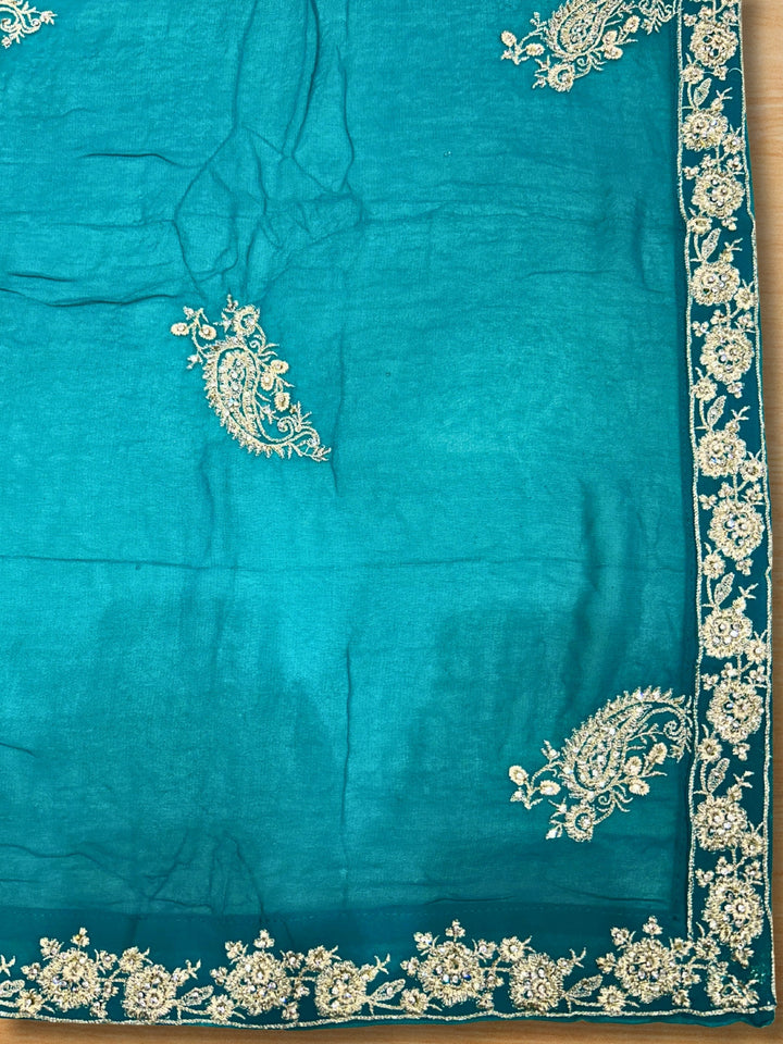 Teal Georgette Gharara Set with Zari, Mirror & Sequin Embroidery, Floral Border Dupatta